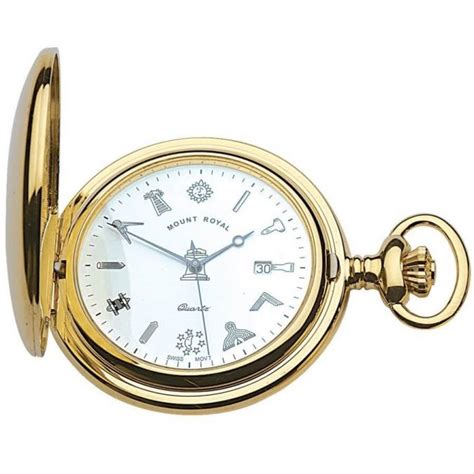 Mount Royal Gold Tone Swiss 17 Jewel Quartz Full Hunter Pocket Watch With Masonic Dial G411pq