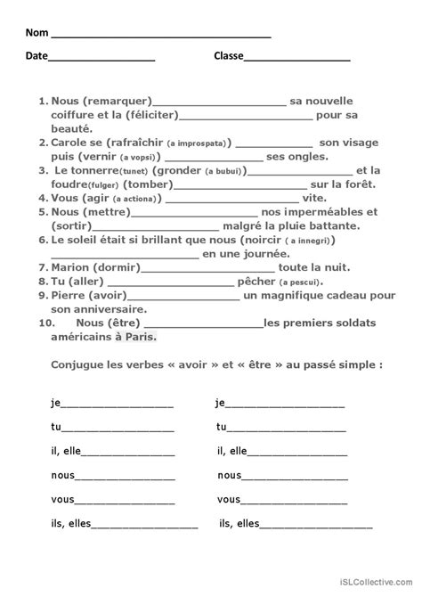 Test passe simple pratique de la gr Français FLE fiches pedagogiques