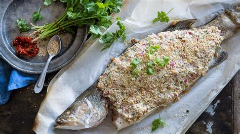 Whole baked labna barramundi with dukkah recipe | Arabic Food Recipes