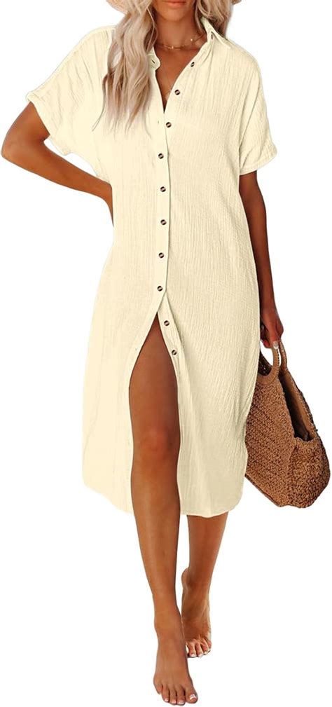 UMIPUBO Women Beach Cover Ups Casual Short Sleeve Beachwear Swimsuit Bikini Cover Up Button Down