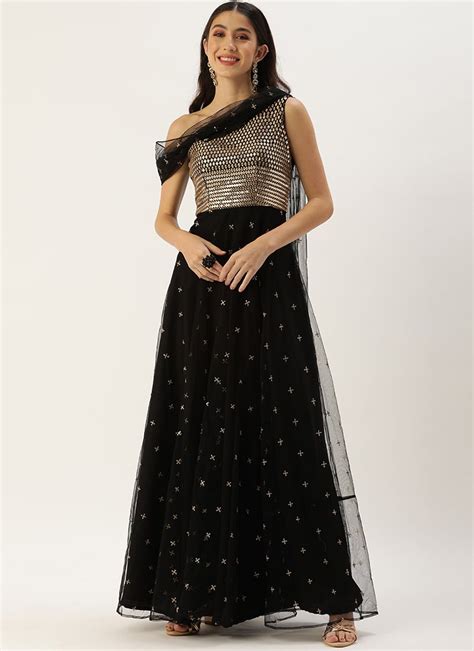 Buy Black Net Embroidered One Shoulder Gown Party Wear Online At Best