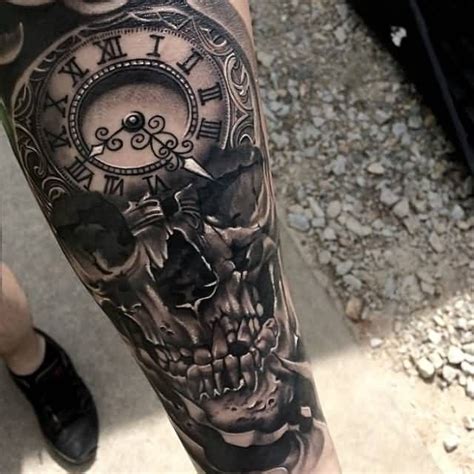 Realistic Skull And Clock Tattoo On Left Arm Leg Band Tattoos Sleeve Tattoos Forarm Tattoos