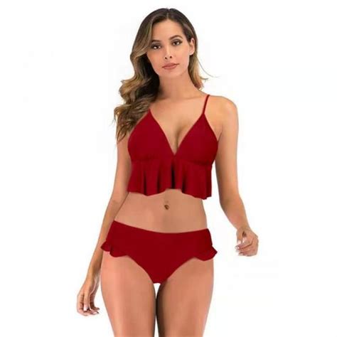 Femme Bikini couleur unie Froncé et Volanté Taille Haute Maillots de