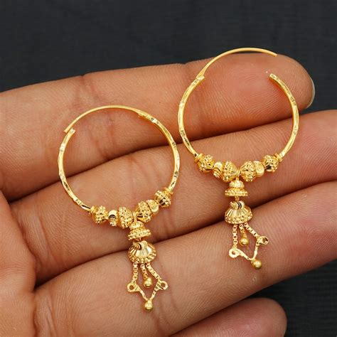 916 Gold Earrings Hoop 22kt Gold Earrings Indian Gold Bali Etsy