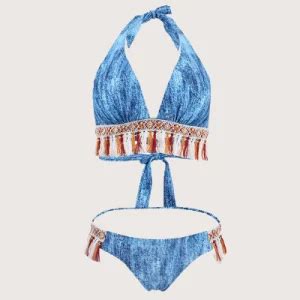 Wholesale Sexy Women Swimwear Custom Solid Swimsuit Girls Fitness Blue Ribbed Bikini Set