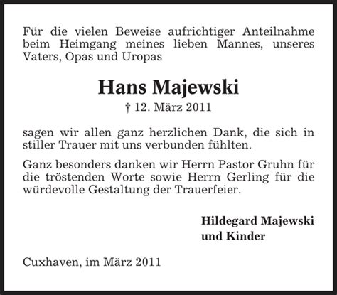 Hans Majewski Danksagung Cuxhavener Nachrichten