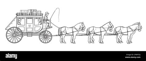 Stagecoach Wagon With Six Horses And Driver Vector Stock Illustration