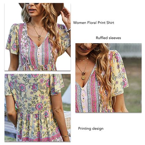 Floral Print V Neck Shirt Button Front Strap Collar Sleeve Topyellow L