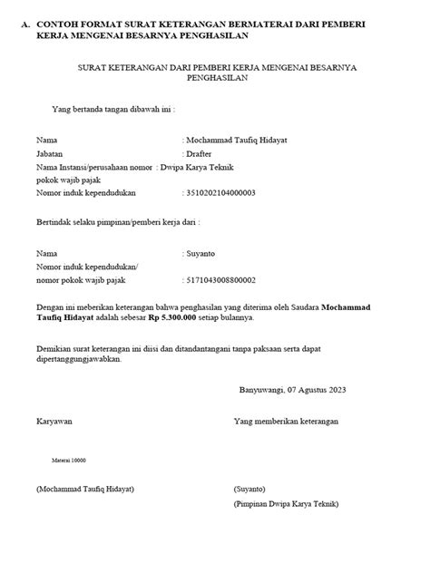 Contoh Format Surat Keterangan Bermaterai Dari Pemberi Kerja Mengenai ... 