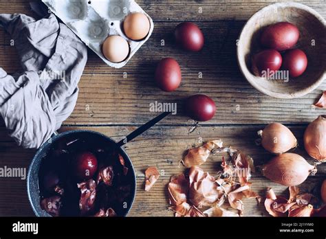 Dyed Easter Eggs Painted With Natural Dye Onion On Rustic Wooden