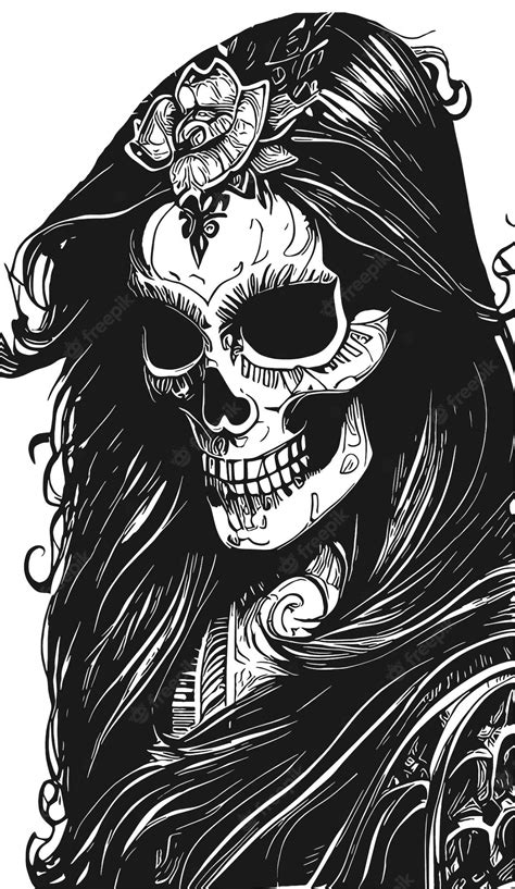 Premium Vector Sugar Skull Female Drawing Hand Drawn Vector Black And