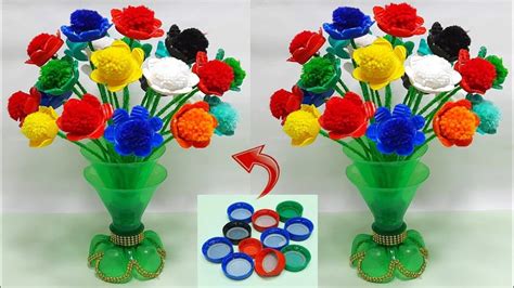 प्लास्टिक बोतल और ढ़क्कन से गुलदस्ता बनाने का आसान तरीका Easy Plastic Bottleandcaps Guldasta Craft