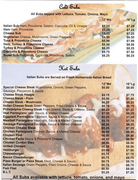 Menu at La Bella Italia pizzeria, Gettysburg