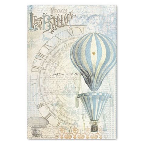 French Blue Hot Air Balloon Clock Tissue Paper Decoupage Vintage