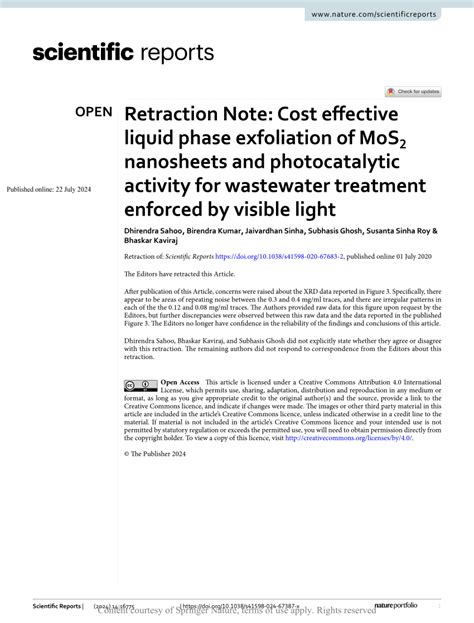 Pdf Retraction Note Cost Effective Liquid Phase Exfoliation Of Mos