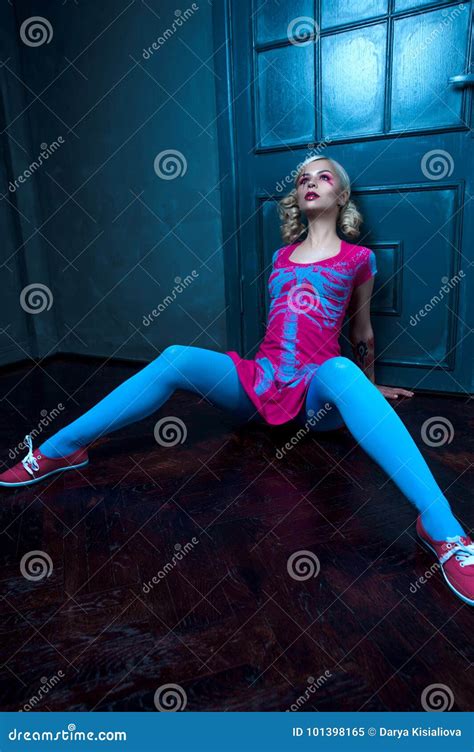 Beautiful Blonde Girl With Two Pigtails With Creative Doll Make Up Pink Glossy Lips Wearing