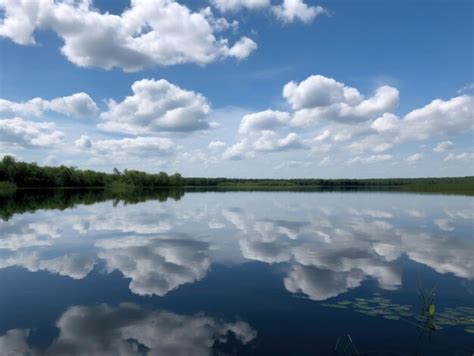 Premium AI Image A Lake With Water And Sky With White Puffy Clouds