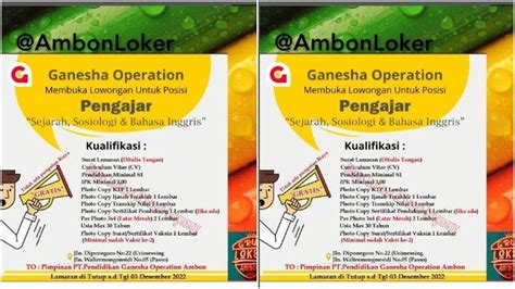 Ganesha Operation Buka Lowongan Kerja Posisi Pengajar Sejarah