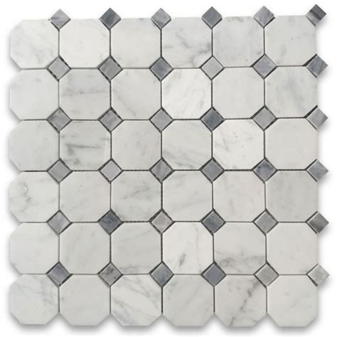 Carrara White Marble Inch Octagon Mosaic Tile W Bardiglio Gray Dots