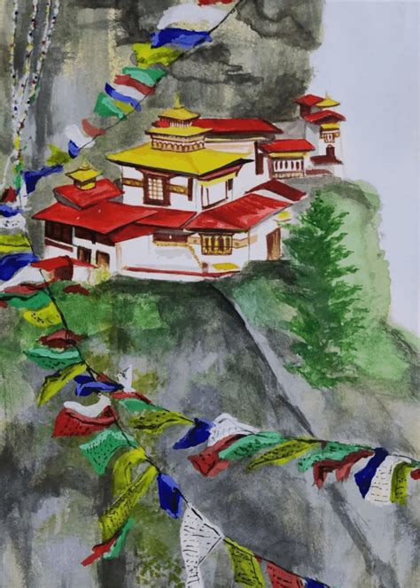 Tigers Nest Bhutan Watercolor Painting Rbuddhism