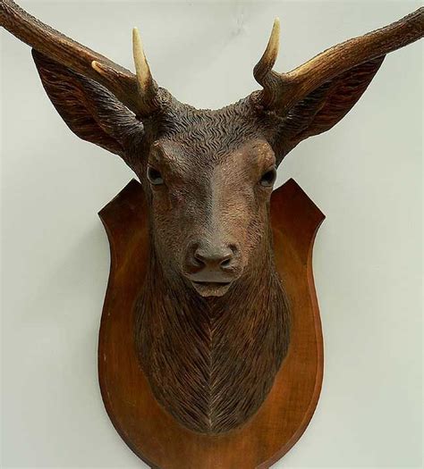 Wonderful Antique Black Forest Carved Wood Deer Head By Vitus Madel