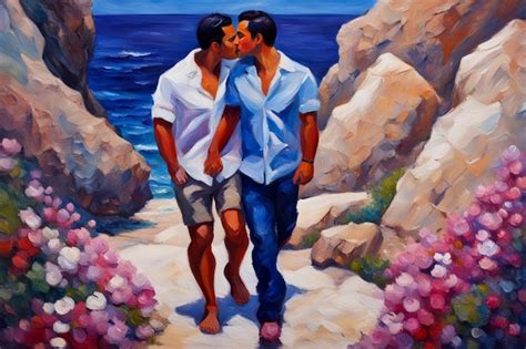 Pareja Amorosa Gay Caminando Con La Mano En La Playa Ilustraci N Rom Ntica Abierta De Raza Mixta