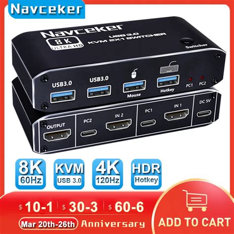 Navceker 8k Kvm Switch Hdmi Compatible 4k 120hz 2 Port Hd Kvm Switcher Box Usb For Shared