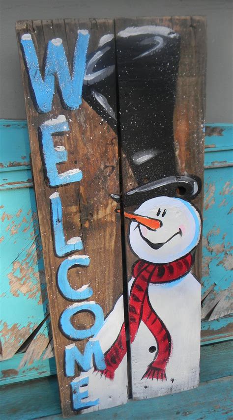 Snowman Welcome Wood Sign Hand Painted Front Porch Decor Christmas Art