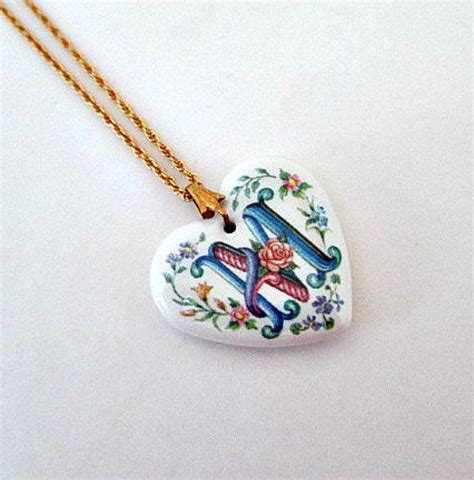 Letter M Porcelain Heart Pendant Necklace Avon By Vintagejunque Heart