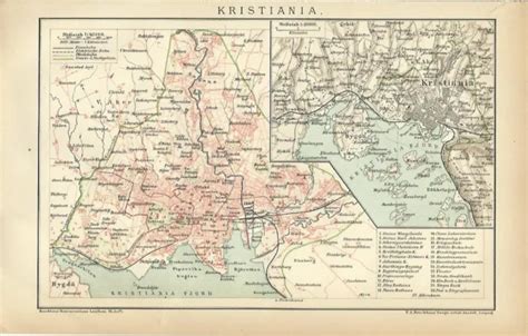 1894 KRISTIANIA OSLO NORWEGEN Alter Stadtplan Landkarte Old City Map