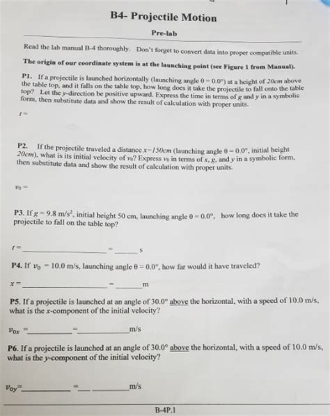 Solved B Projectile Motion Pre Lab Read The Lab Manual B Chegg