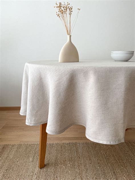 Round Linen Tablecloth With Hemstitch Natural Flax Table Cloth Washed