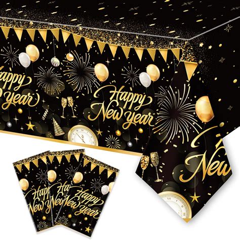 Amazon 3PCS New Year Tablecloth Disposable Black Gold NYE Party