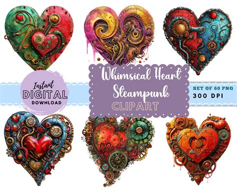 Whimsical Heart Clipart PNG Heart Clipart Bundle Steampunk Heart ...