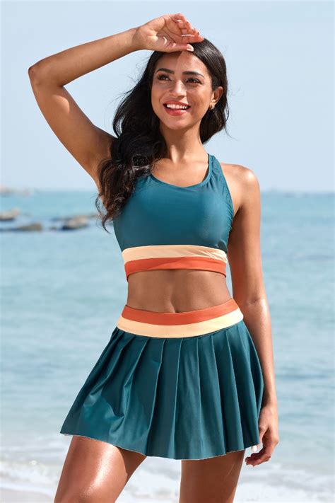 Teal Colorblock Racerback Sporty Bikini Top With Skirt Set