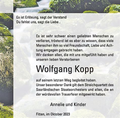 Traueranzeigen Von Wolfgang Kopp Saarbruecker Zeitung Trauer De