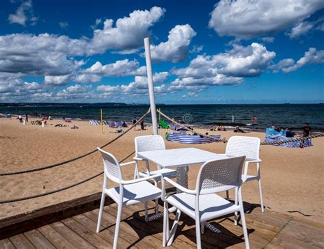 Gdansk beach in the mist stock photo. Image of people - 74770196