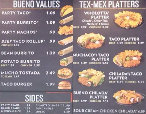 Menu at Taco Bueno fast food, Dallas, N Central Expy