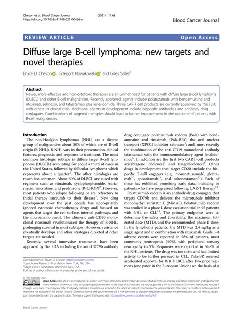 Diffuse Large B Cell Lymphoma New Targets And Novel Therapies Bruce D