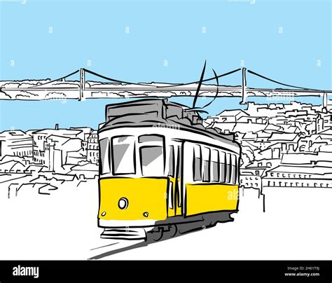 Roofs Of Lisbon With Tram Hand Drawn Vector Sketches From Lisboa