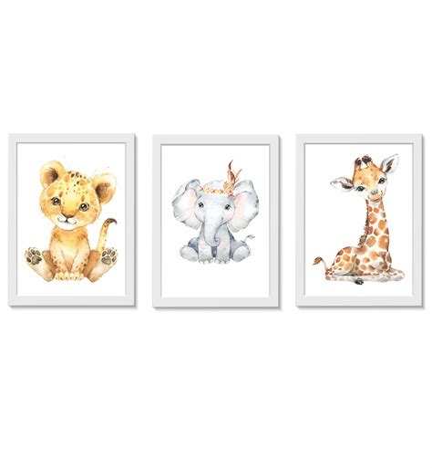 Kit 3 Quadros Decorativos Onça Elefante Girafa Aquarela Elo7