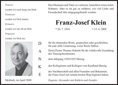 Traueranzeigen Von Franz Josef Klein Saarbruecker Zeitung Trauer De