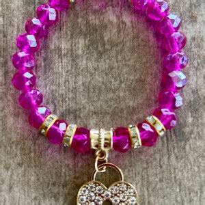 Hot Pink Bracelet With Pave Heart Etsy