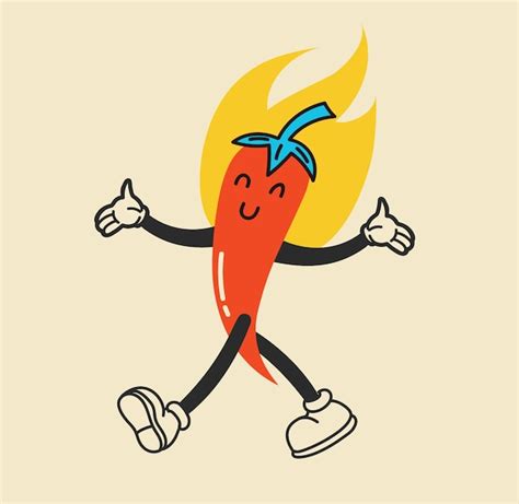 Extremadamente Super Hot Retro Red Chili Paprika Cartoon Pepper Personaje Sonriente Rodeado De