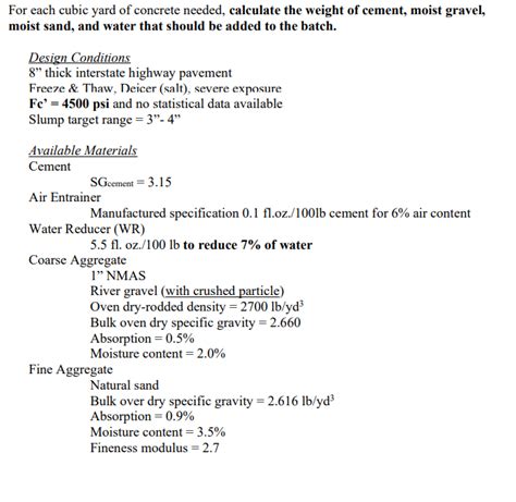 Solved For each cubic yard of concrete needed, calculate the | Chegg.com