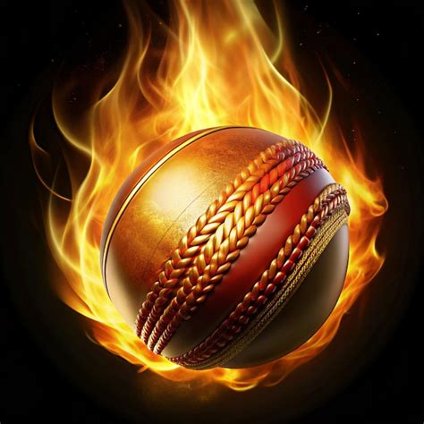 Realistic Flying Cricket Ball In Fire Premium AI Generated Image