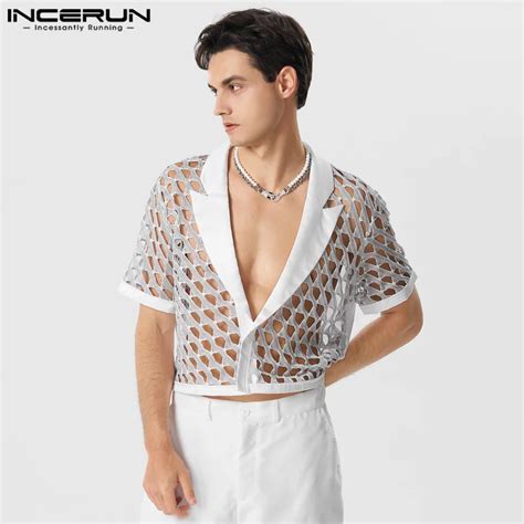 Incerun Camisa De Malla Transparente Para Hombre Top Corto De Manga