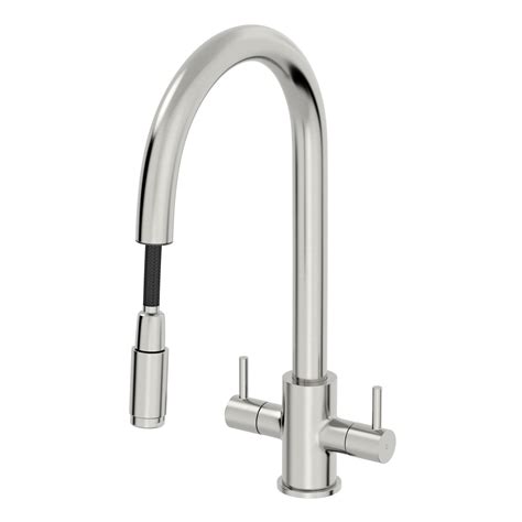 Modern Kitchen Tap Double Lever Pull Out Spray Brushed Finish Hot And