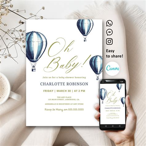 Oh Baby Blue Hot Air Balloon Baby Shower Invitation