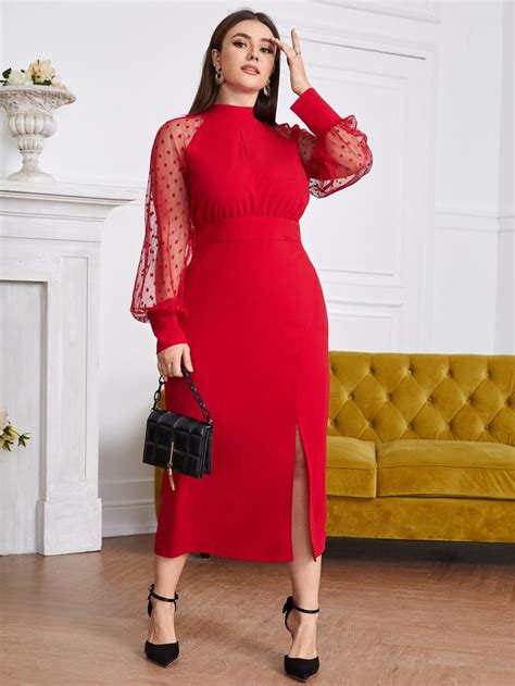 Shein Modely Plus Dobby Mesh Sleeve Split Hem Peekaboo Dress In 2023